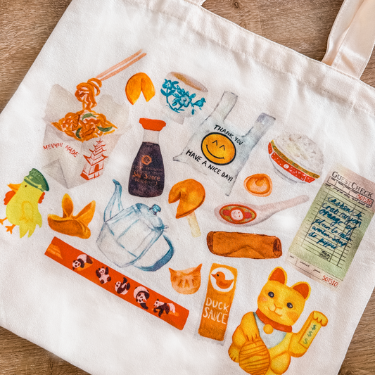 tote bag with watercolor of classic Chinese takeout restaurant items
