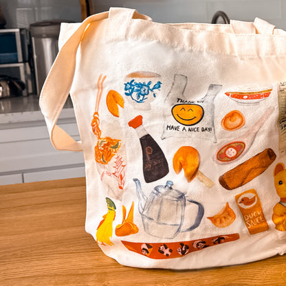 tote bag with watercolor of classic Chinese takeout restaurant items