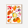 Asian Fruit Print with Lychee, Mango, Longan, Papayata, Mangosteen, Durian, Dragonfruit, Longan, Asian Pear, and Persimmon