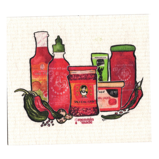 Swedish dishcloth with red watercolor of Asian hot sauces: Lao Gan Ma, Sriracha, sweet Thai chili sauce, wasabi, gochujang, and garlic chili sauce