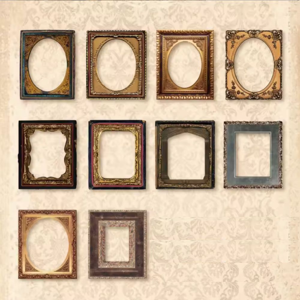 Nine empty ornate picture frames in various shapes and colors, arranged in a grid on a vintage beige damask wallpaper background.