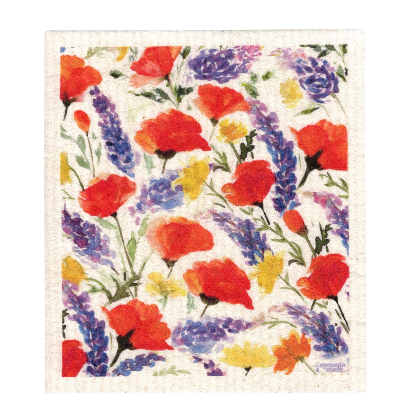 A white, textured, Swedish dishcloth featuring watercolor California poppies, California buttercups, and wild lupine.