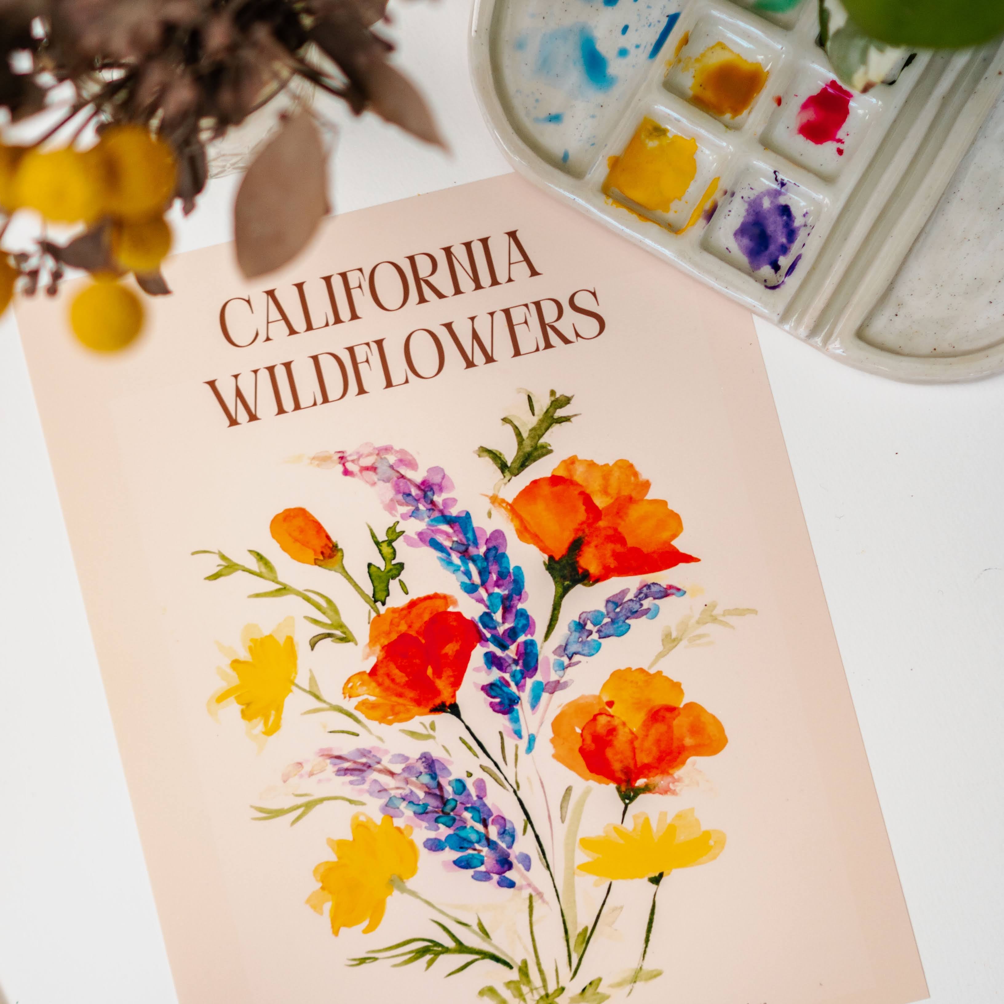 An art print of California poppies, California buttercups, and silver lupine. Text above the flowers reads, "California Wildflowers" and smaller letters below the flowers lists their scientific names: Eschscholzia Californica, Lupinus Albifrons, and Ranunculus Californicus.