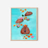 An art print featuring three capybaras, swimming in light blue water among oranges and lotuses.