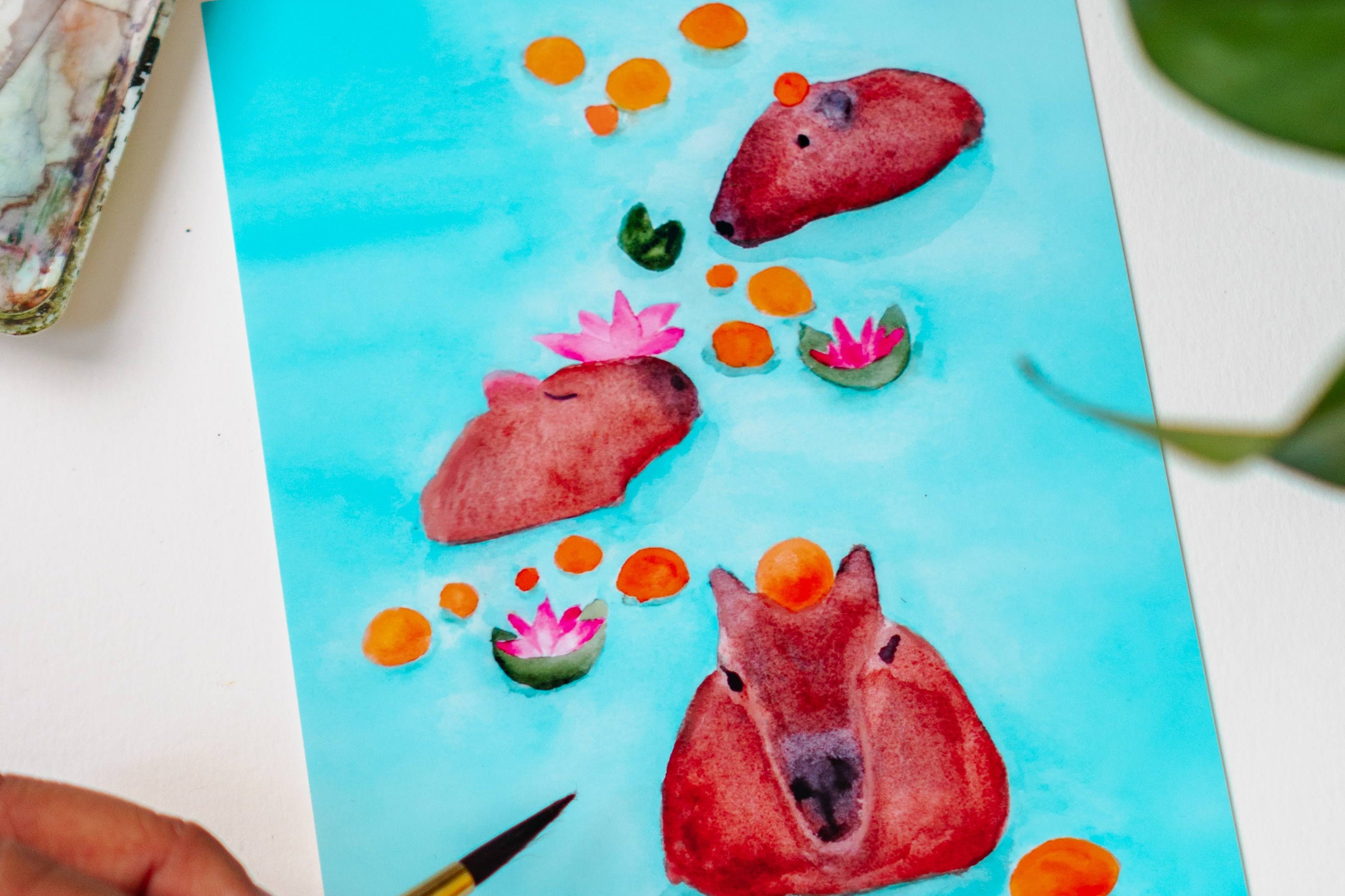 A photo of Menmin Made painting the Capybaras Swimming in Oranges Art Print.