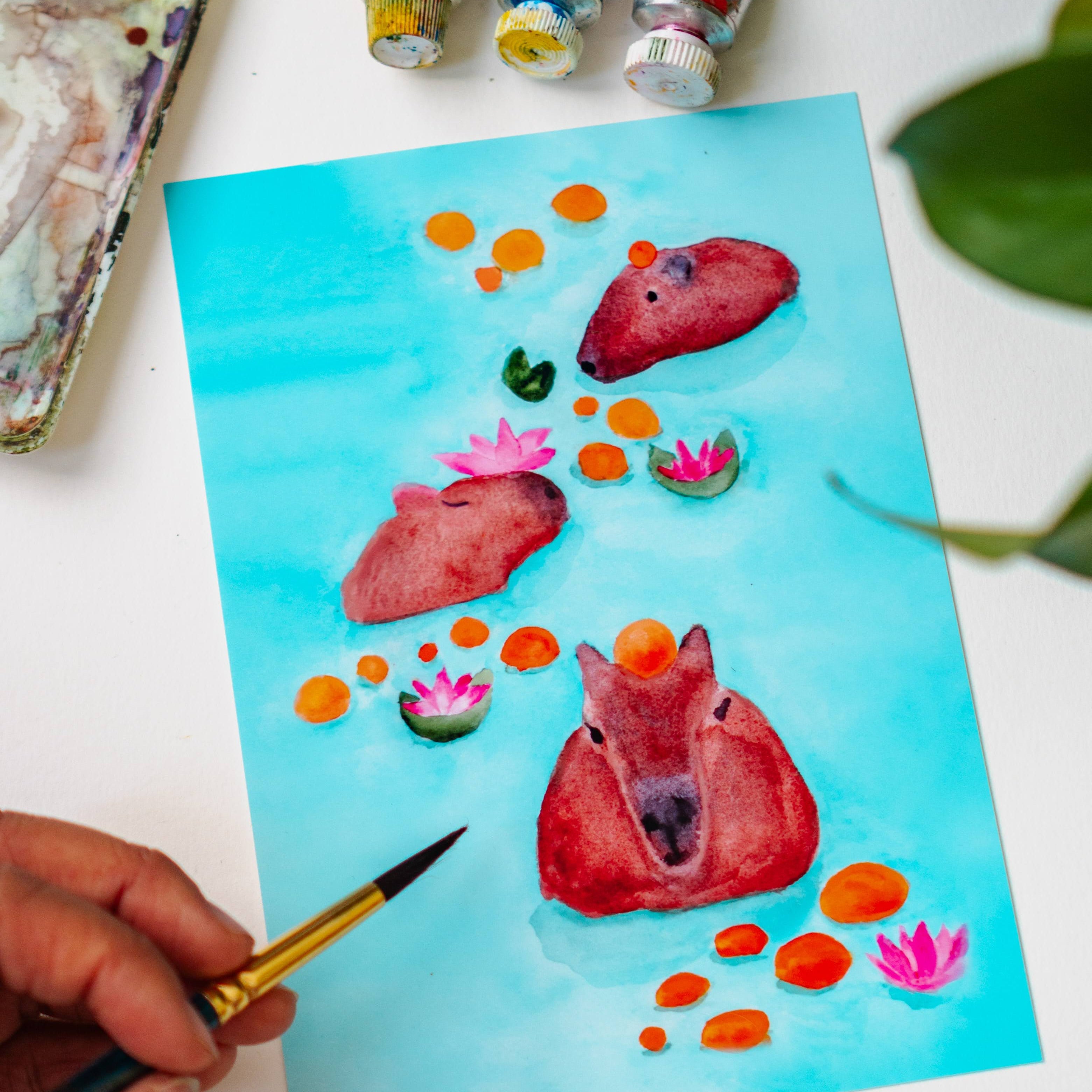 A photo of Menmin Made painting the Capybaras Swimming in Oranges Art Print.