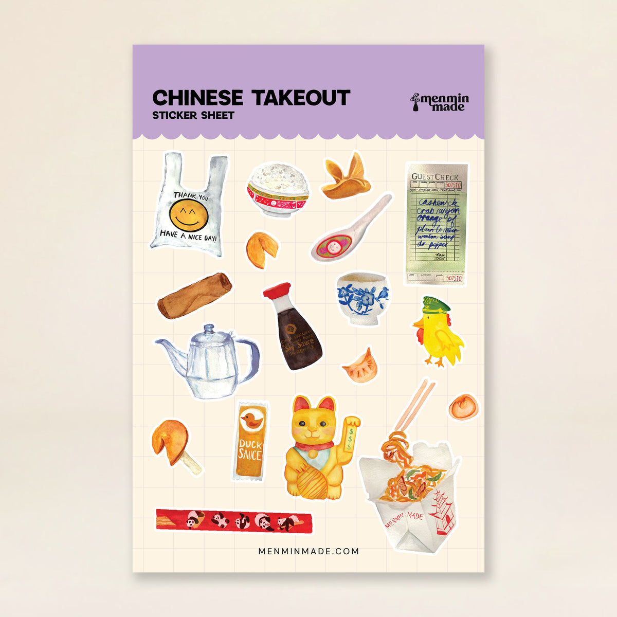 Chinese Takeout sticker sheet with takeout box, fortune cookies and lucky cat stickers by Menmin Made
