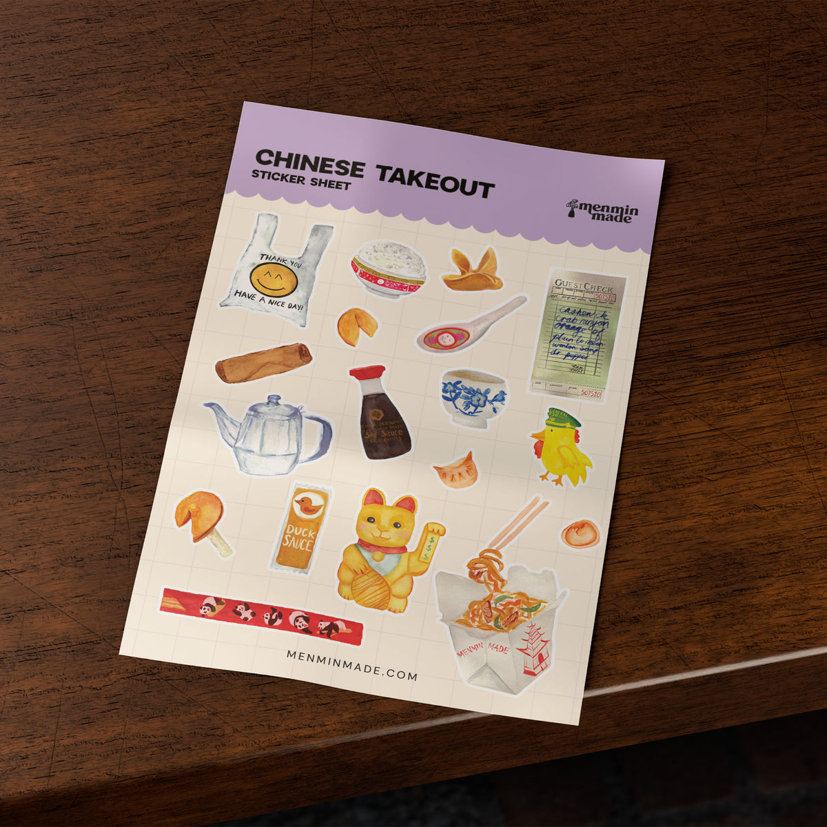 Chinese Takeout sticker sheet on a wooden table