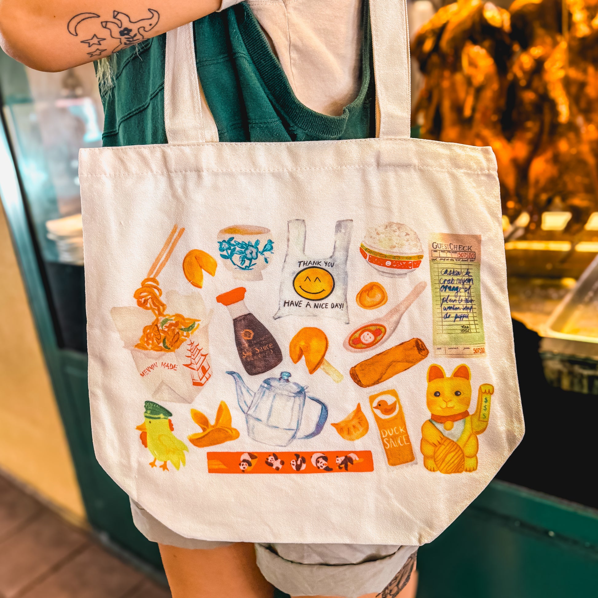 tote bag with watercolor of classic Chinese takeout restaurant items