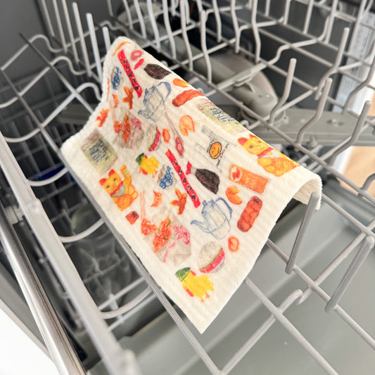 Swedish dishcloth with classic Chinese takeout items in the kitchen