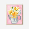 art print with chrysanthemum in a silver tea pot with pink background