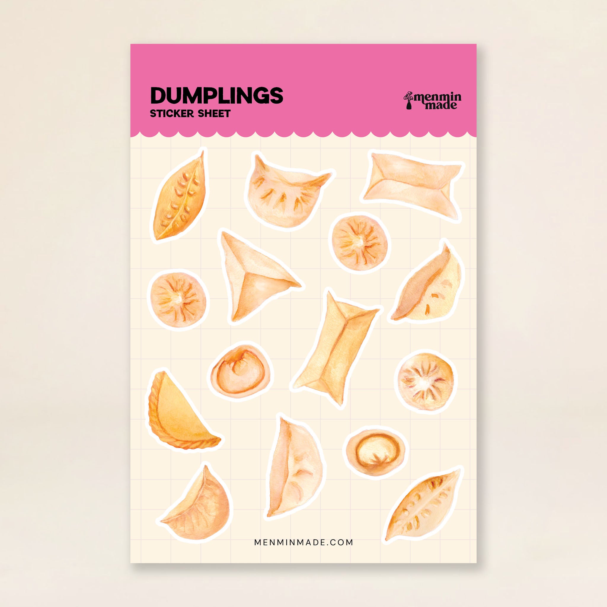 Dumplings sticker sheet with pleated dumplings, wontons and buns by Menmin Made