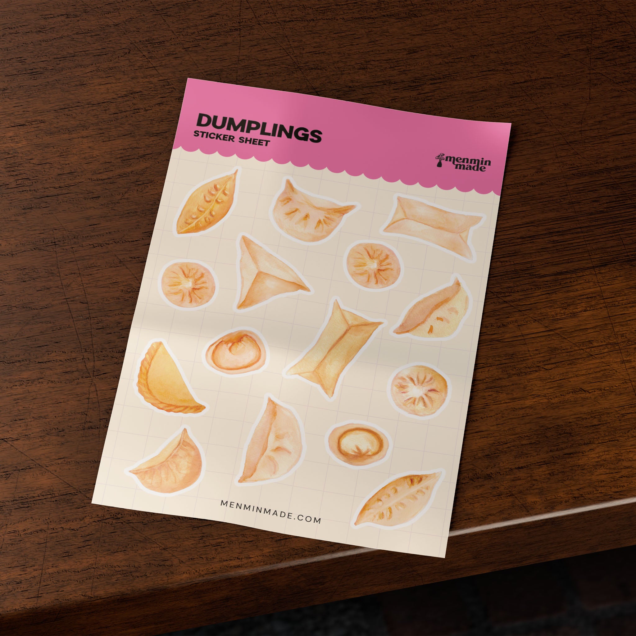 Dumplings sticker sheet on a wooden table