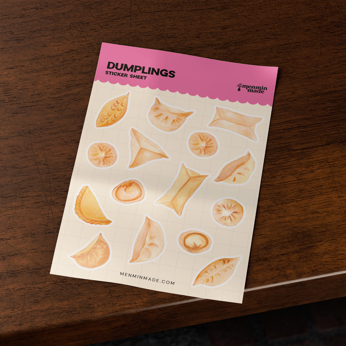 Dumplings sticker sheet on a wooden table