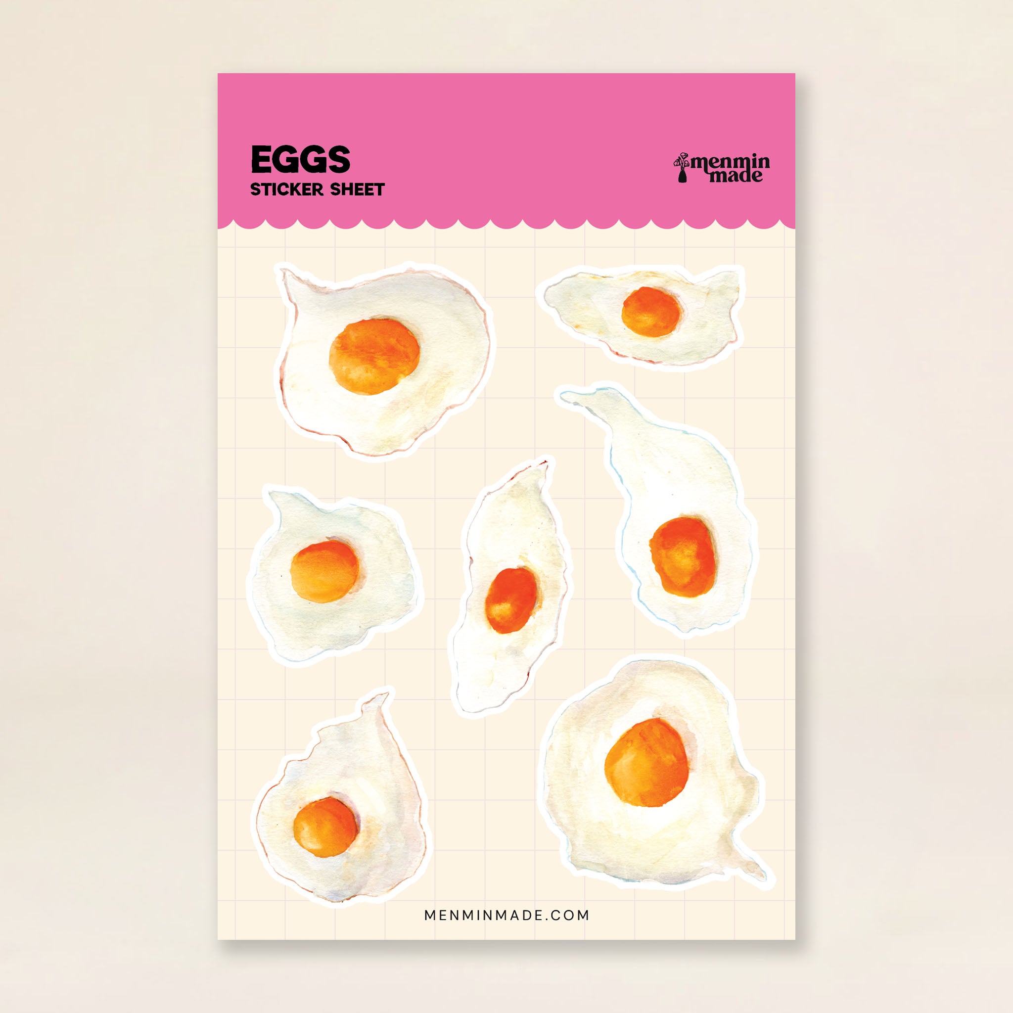 Eggs sticker sheet with seven sunny-side-up fried egg stickers by Menmin Made