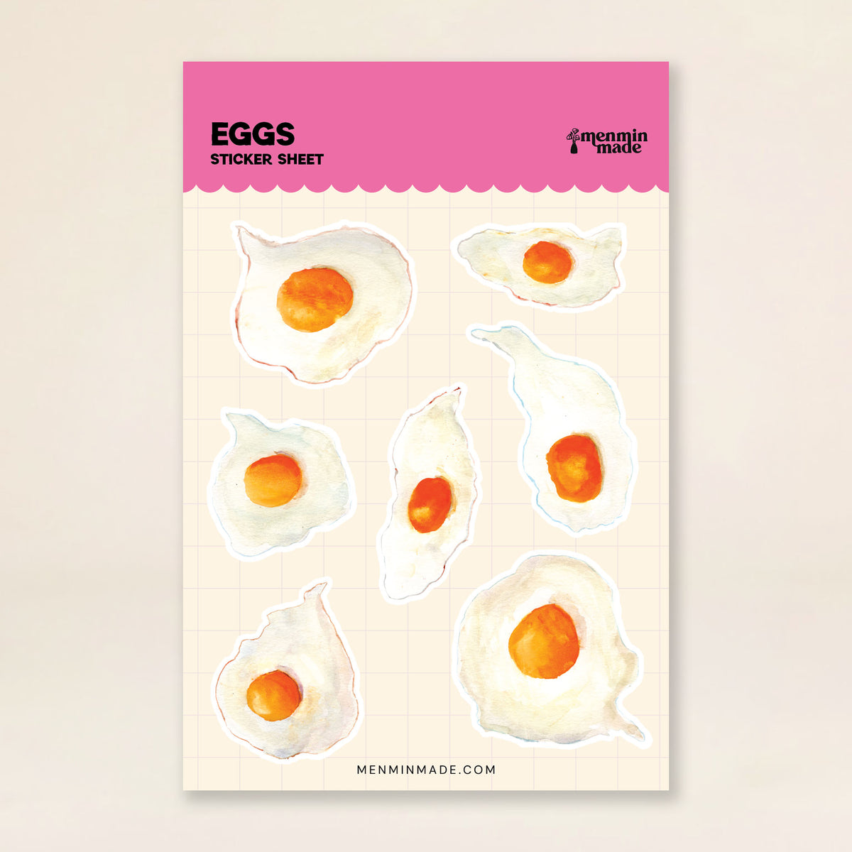 Eggs sticker sheet with seven sunny-side-up fried egg stickers by Menmin Made