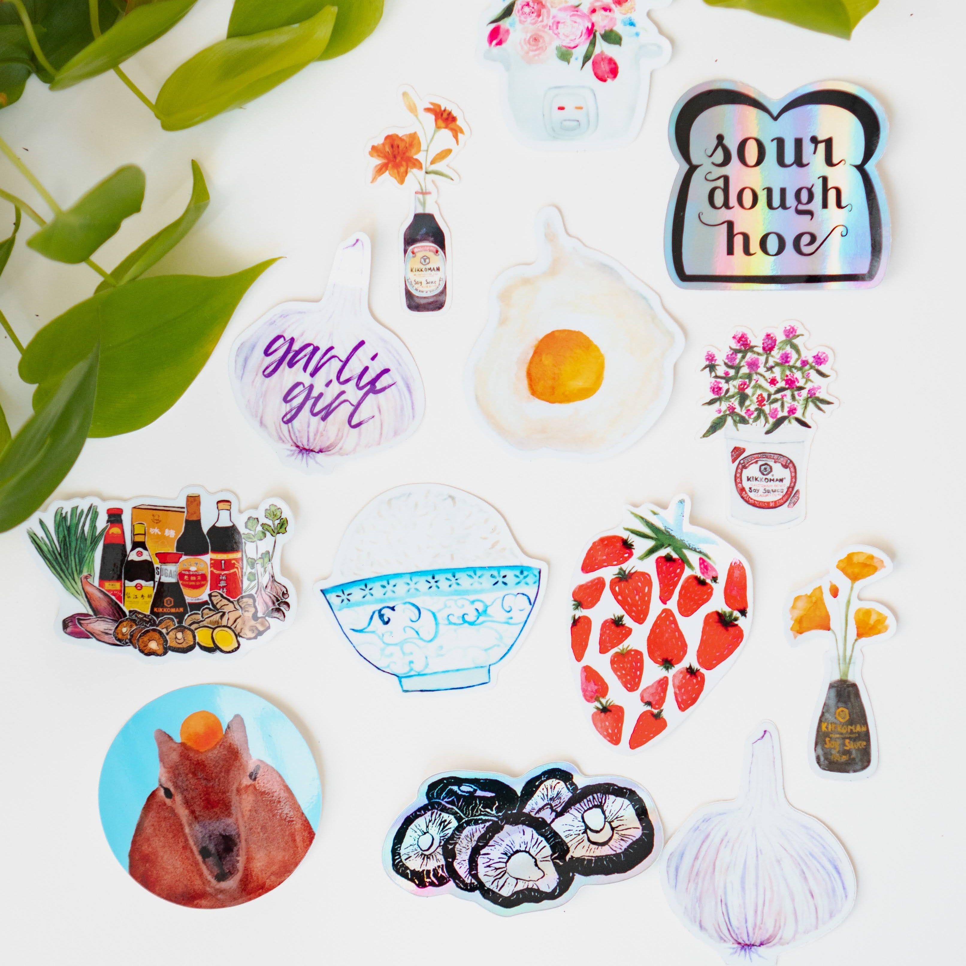 A collection of thirteen food stickers, including the California Poppies in Soy Sauce Sticker.