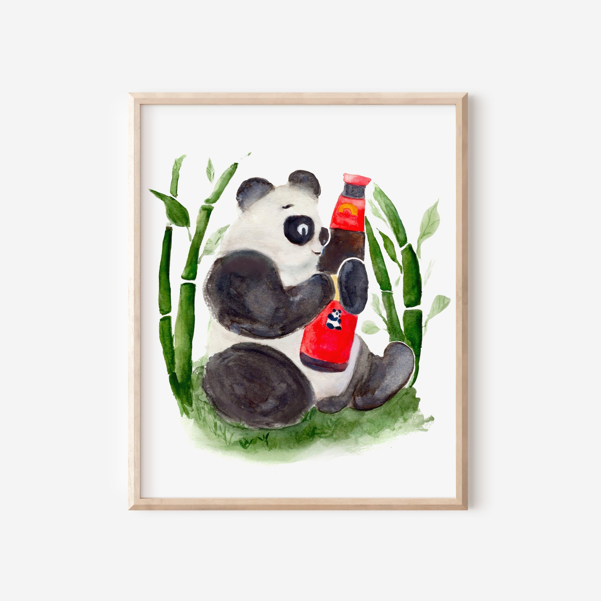 A watercolor print of a panda smiling, sitting among green bamboo and holding a bottle of Panda brand oyster sauce.