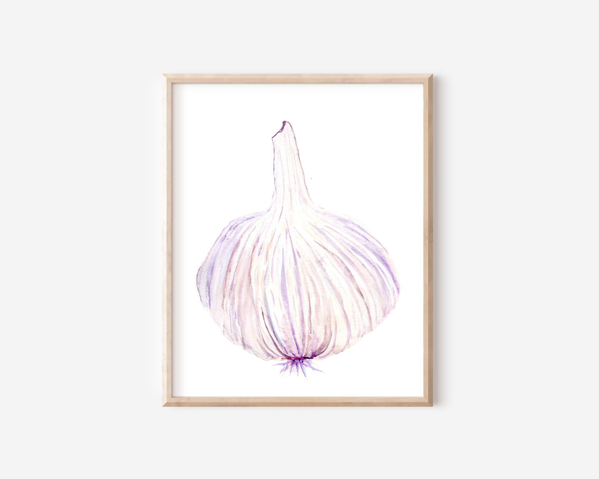 A watercolor art print of a light purple and white garlic bulb.