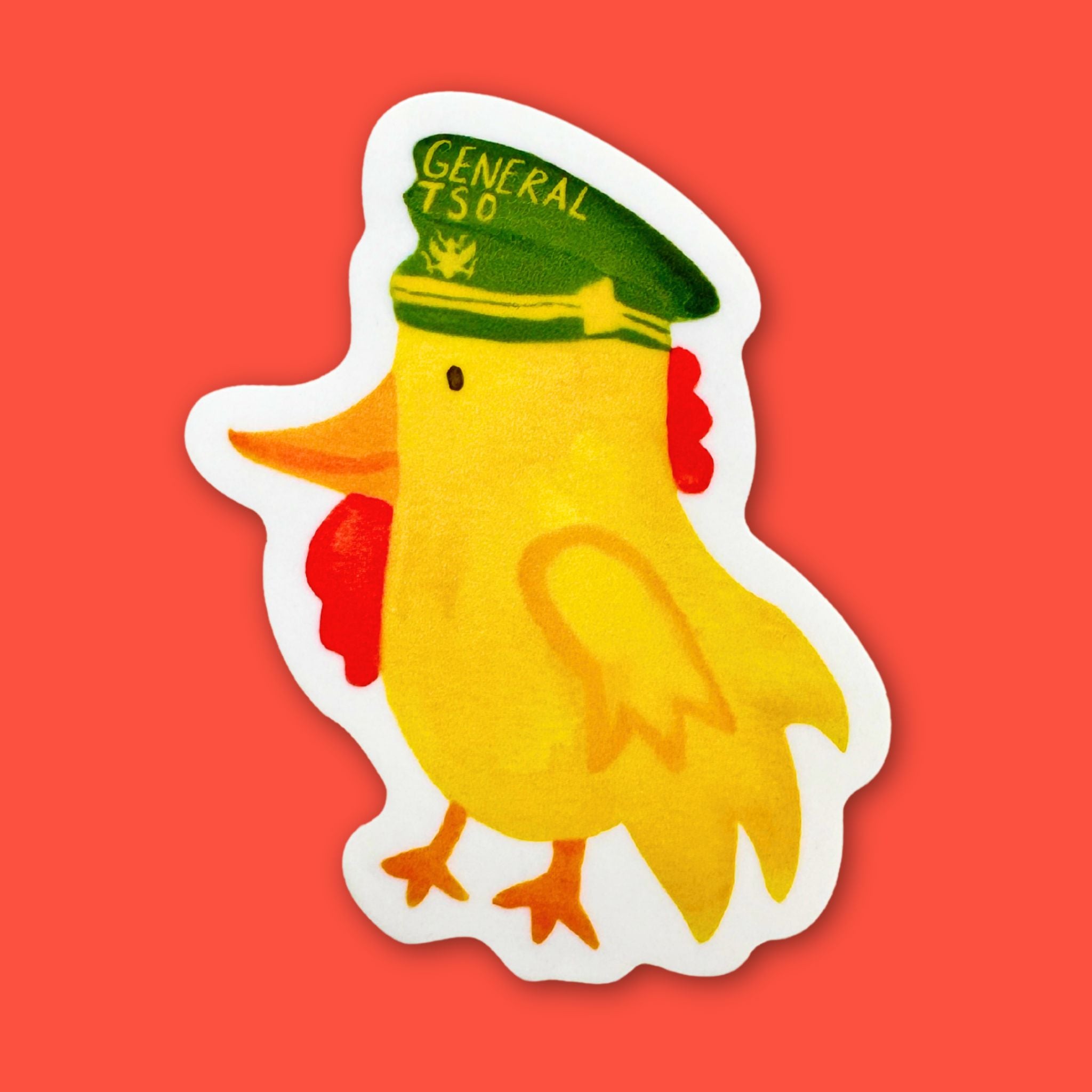 Sticker of a Yellow Chicken Wearing a green hat that says General Tso 