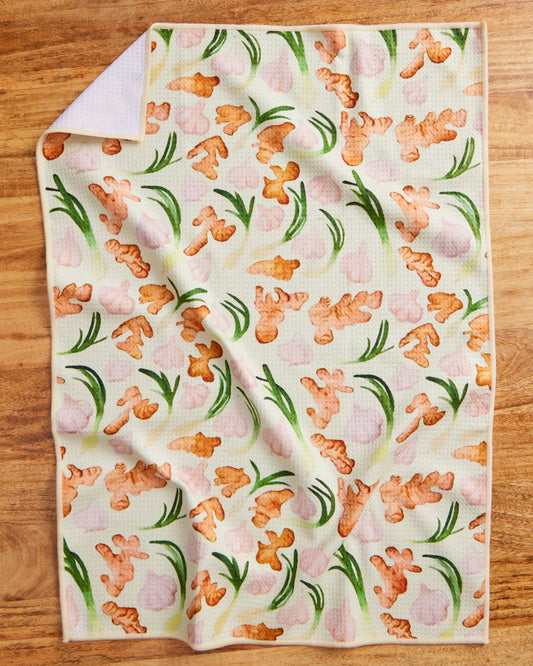 Ginger Garlic Scallion Microfiber Waffle Weave Kitchen Towel