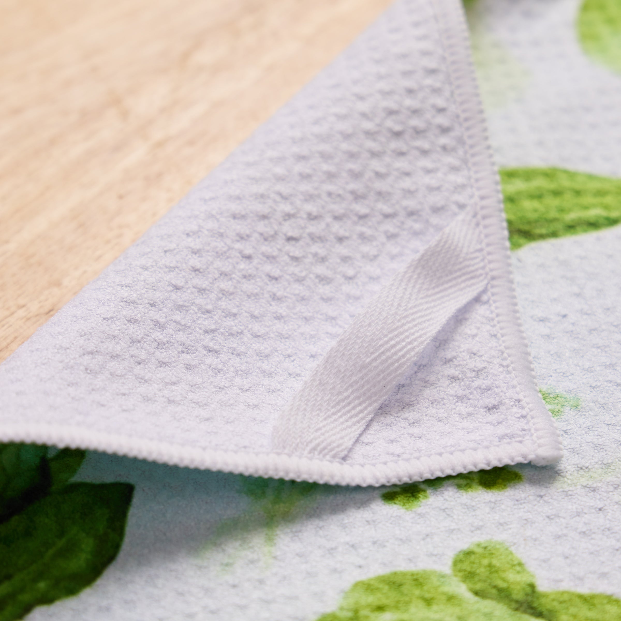 close up of towel loop sewn in a corner