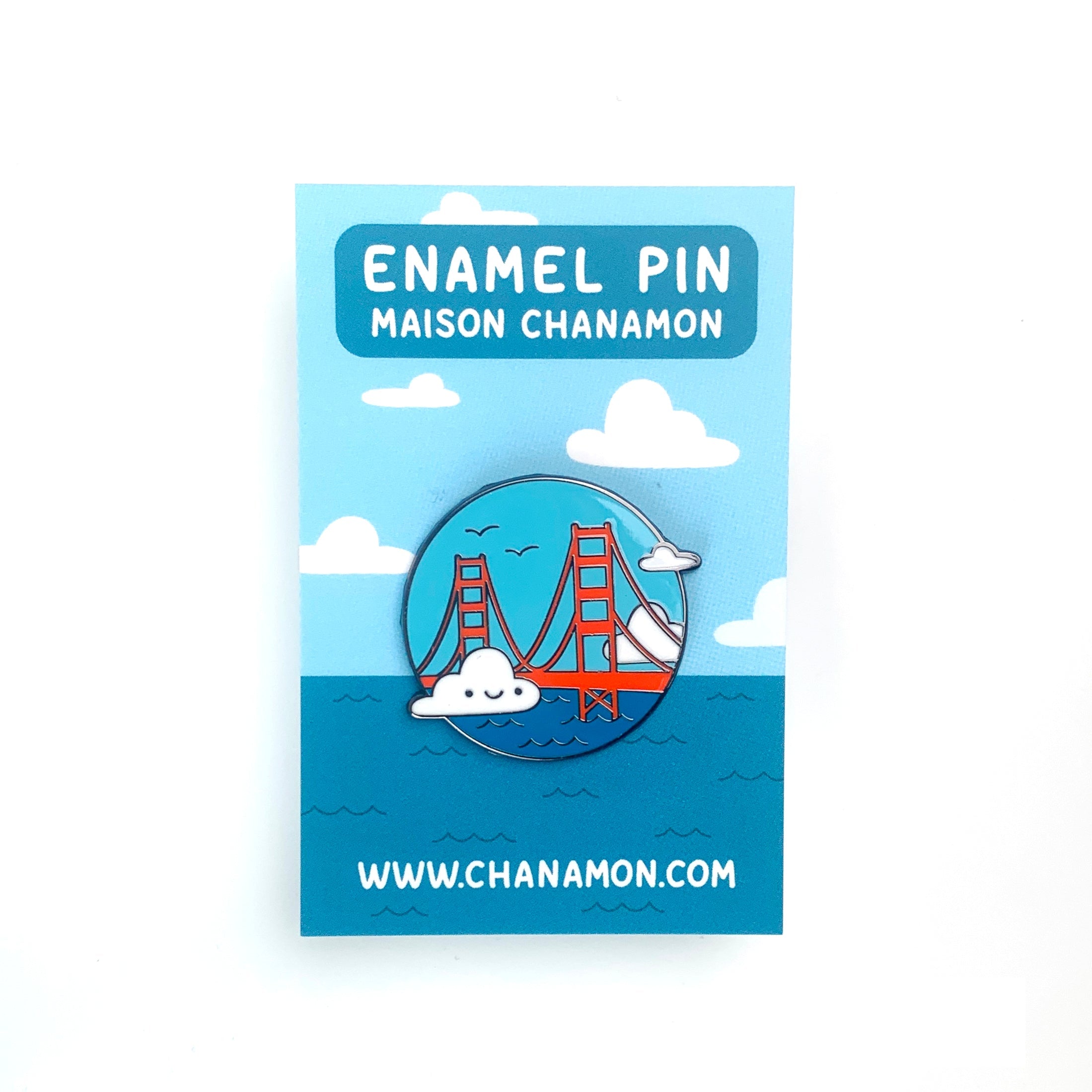Golden Gate Bridge enamel pin with Karl the Fog