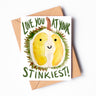 A watercolor greeting card with a cut open green and yellow durian and the phrase "Love you at your stinkiest!"