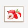 A watercolor print of red and white lychee fruit. Two lychees are peeled open to reveal a soft interior, and a pair of green leaves sprouts from one fruit.