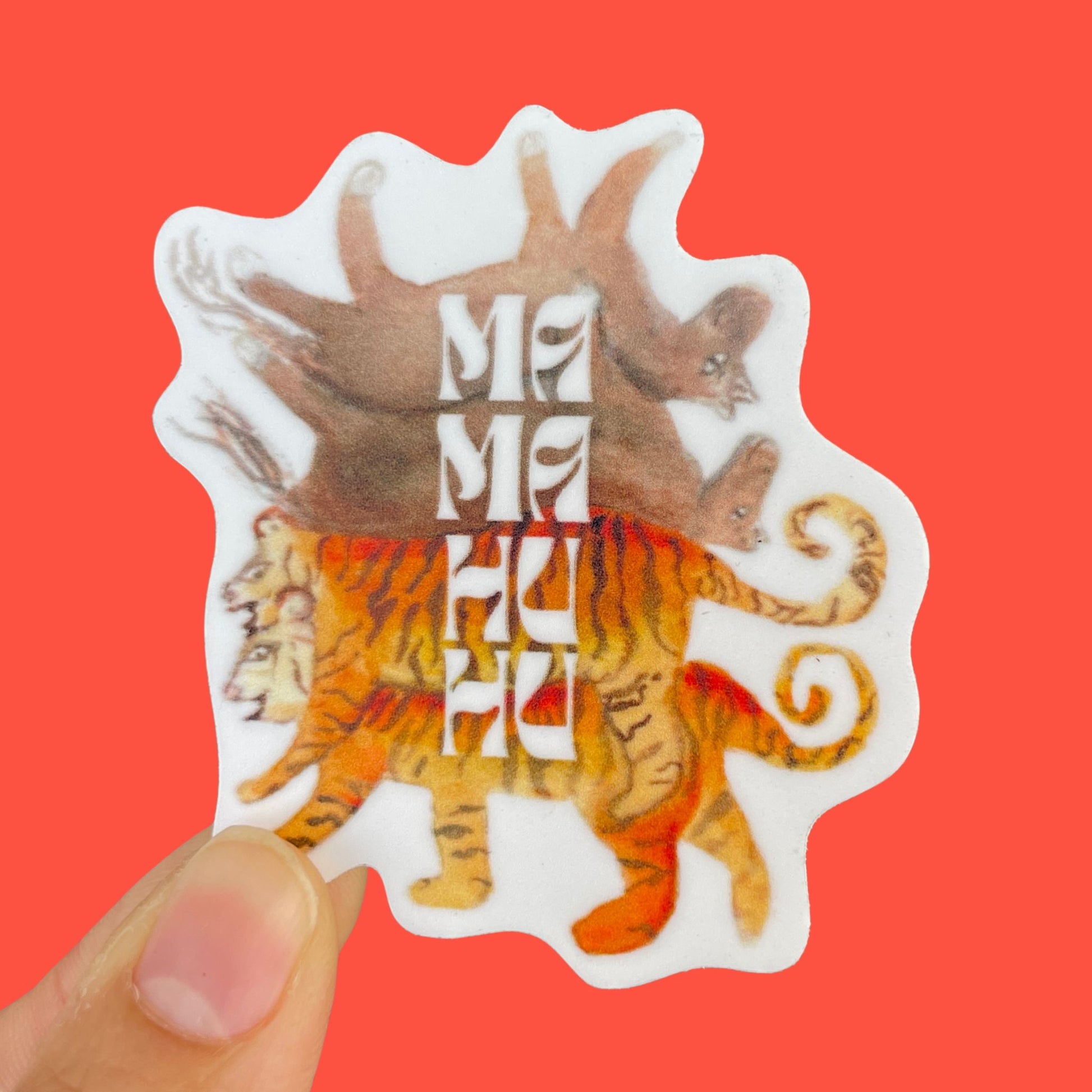 A white, watercolor sticker of two horses and two tigers stacked on top of each other. The words "Mamahuhu" are written in white letters on top of the stacked animals.