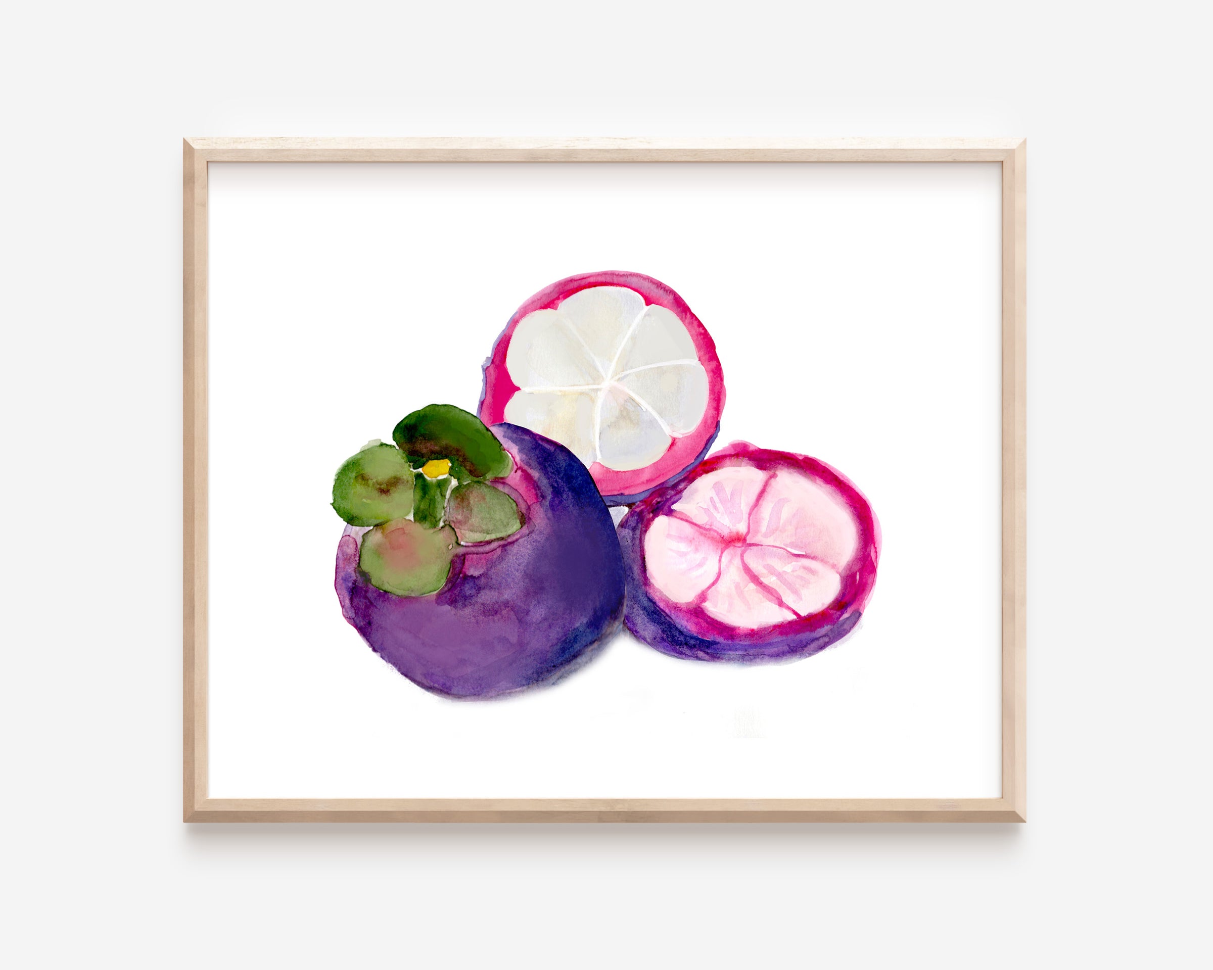 A purple and white mangosteen print. One mangosteen is cut open, exposing tender white slices of fruit inside.