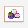 A purple and white mangosteen print. One mangosteen is cut open, exposing tender white slices of fruit inside.