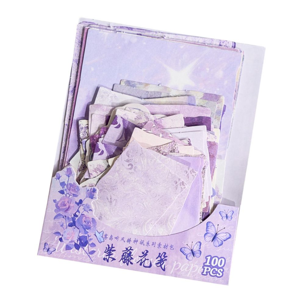 Purple vintage decorative paper pack, 100 sheets — florals, damask, lace, starry prints for journaling & scrapbooking
