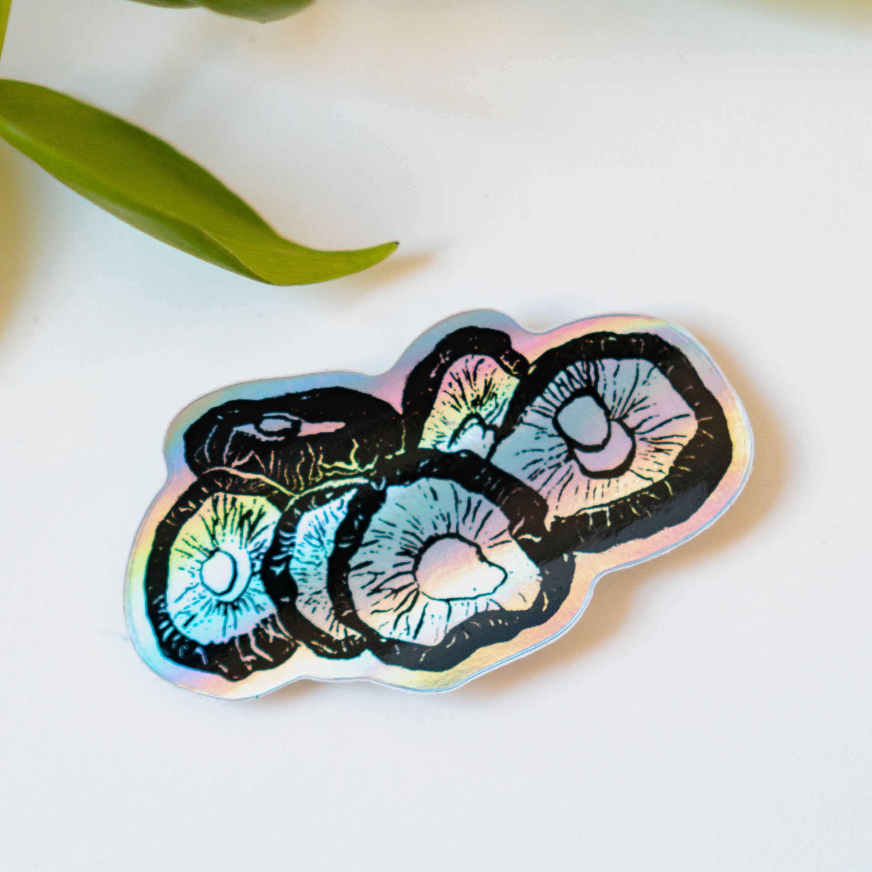 A holographic sticker featuring six shiitake mushrooms rendered in ink.