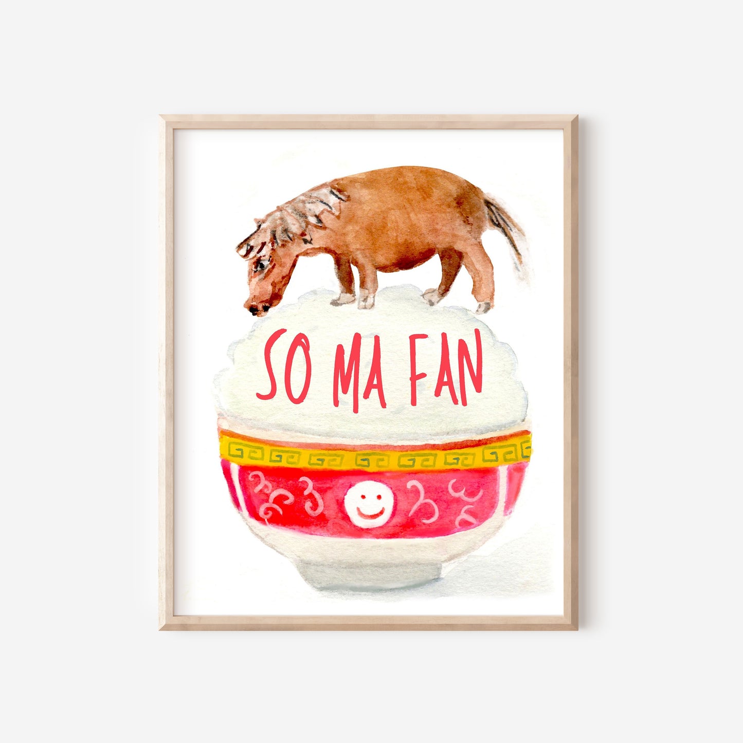 A watercolor print of a brown horse standing on a red bowl of fluffy white rice. In the center is written "so ma fan."