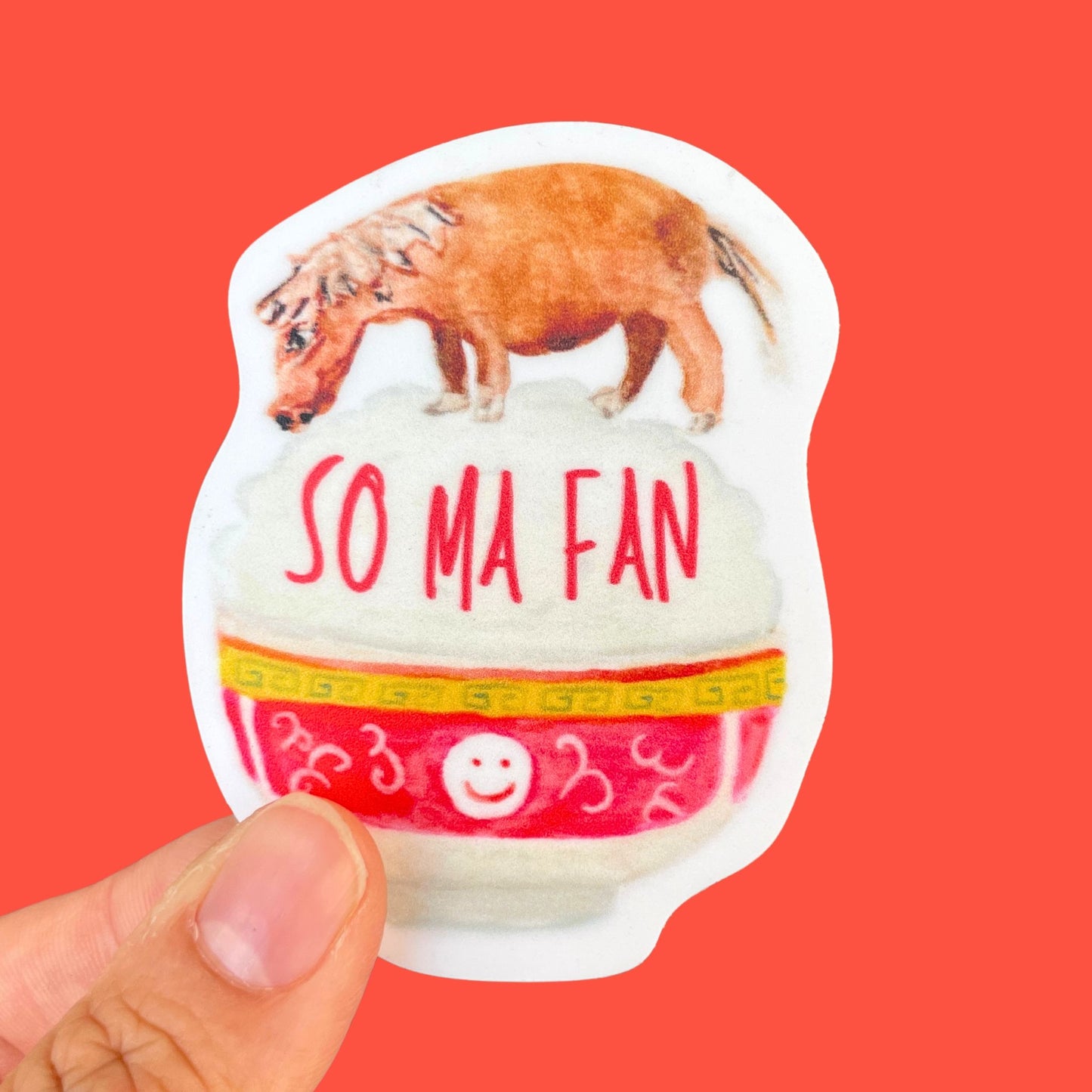 A watercolor sticker of a brown horse standing on a red bowl of fluffy white rice. In the center is written "so ma fan."