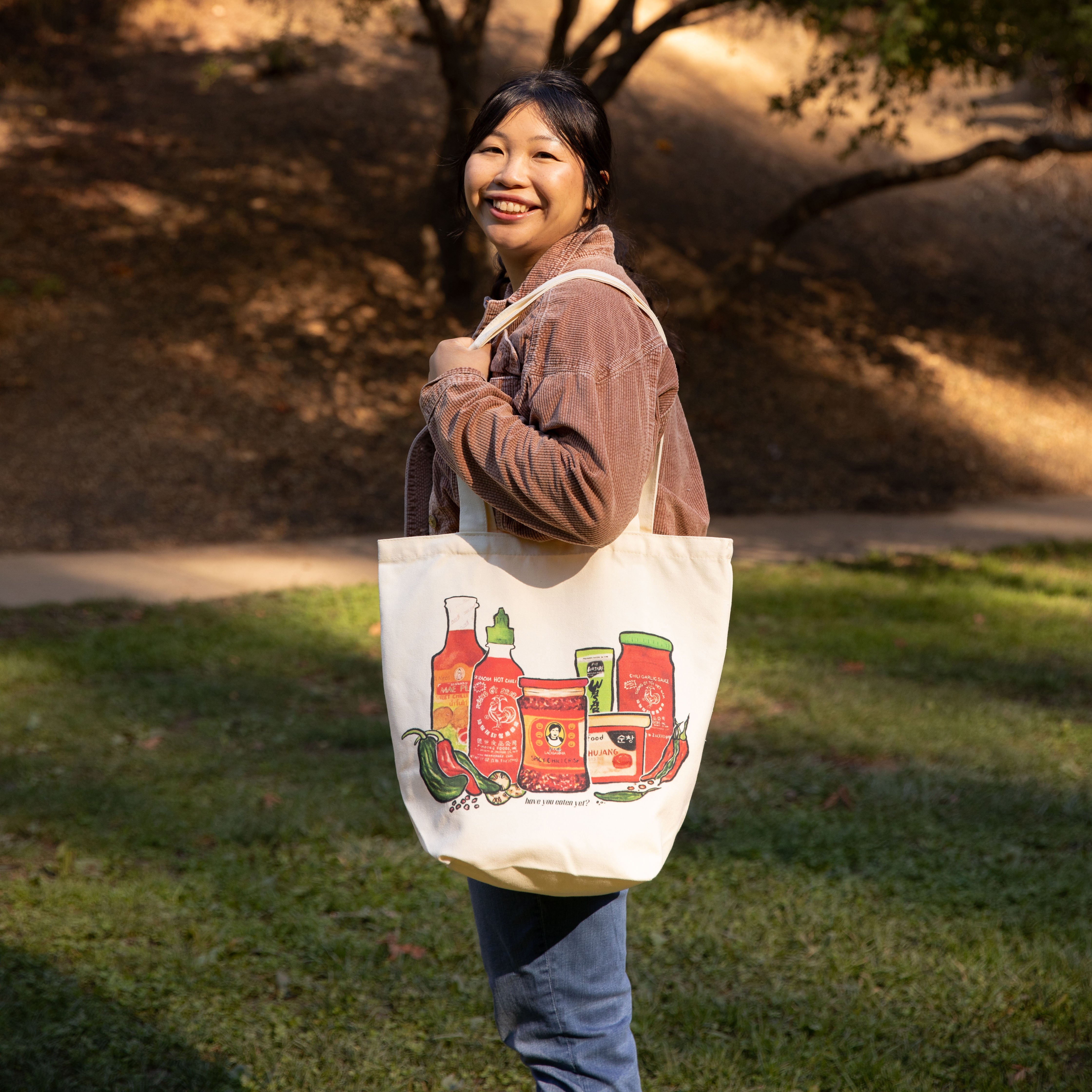 Girl Wearing Asian Sauce Tote Bag