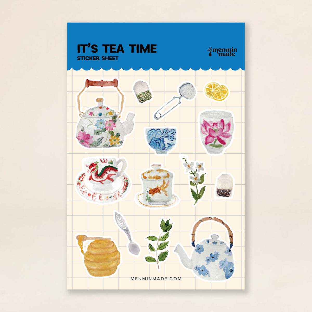 It's Tea Time sticker sheet with teapots, teacups and tea bags by Menmin Made