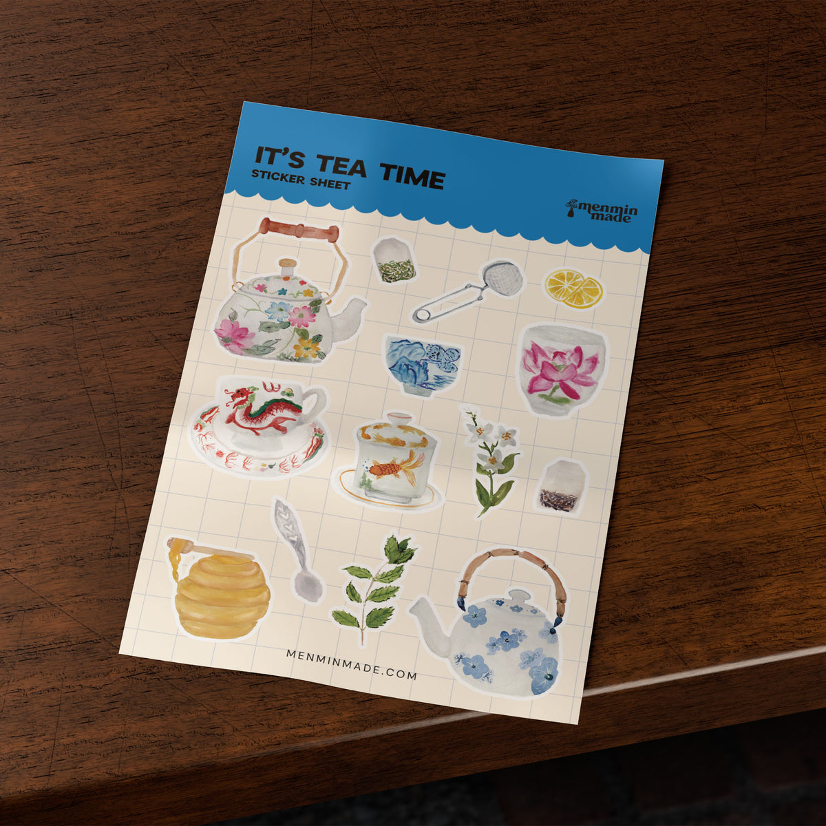 It's Tea Time sticker sheet on a wooden table