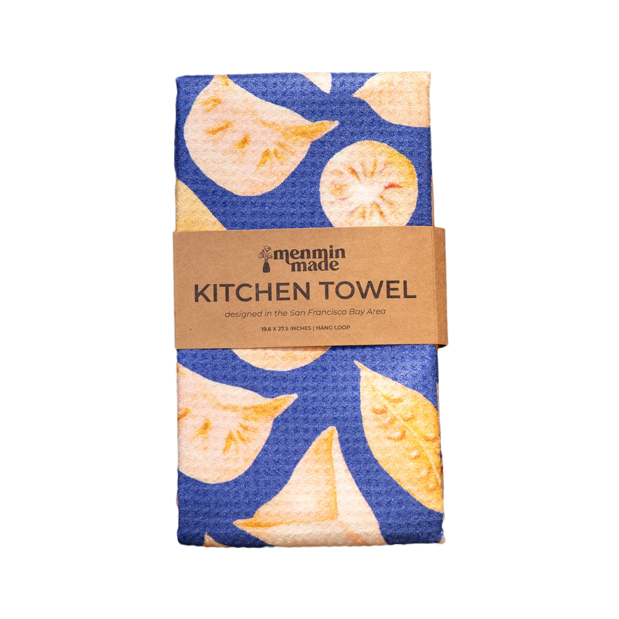 Folded Potsticker Tea towel with menmin made wrap label 