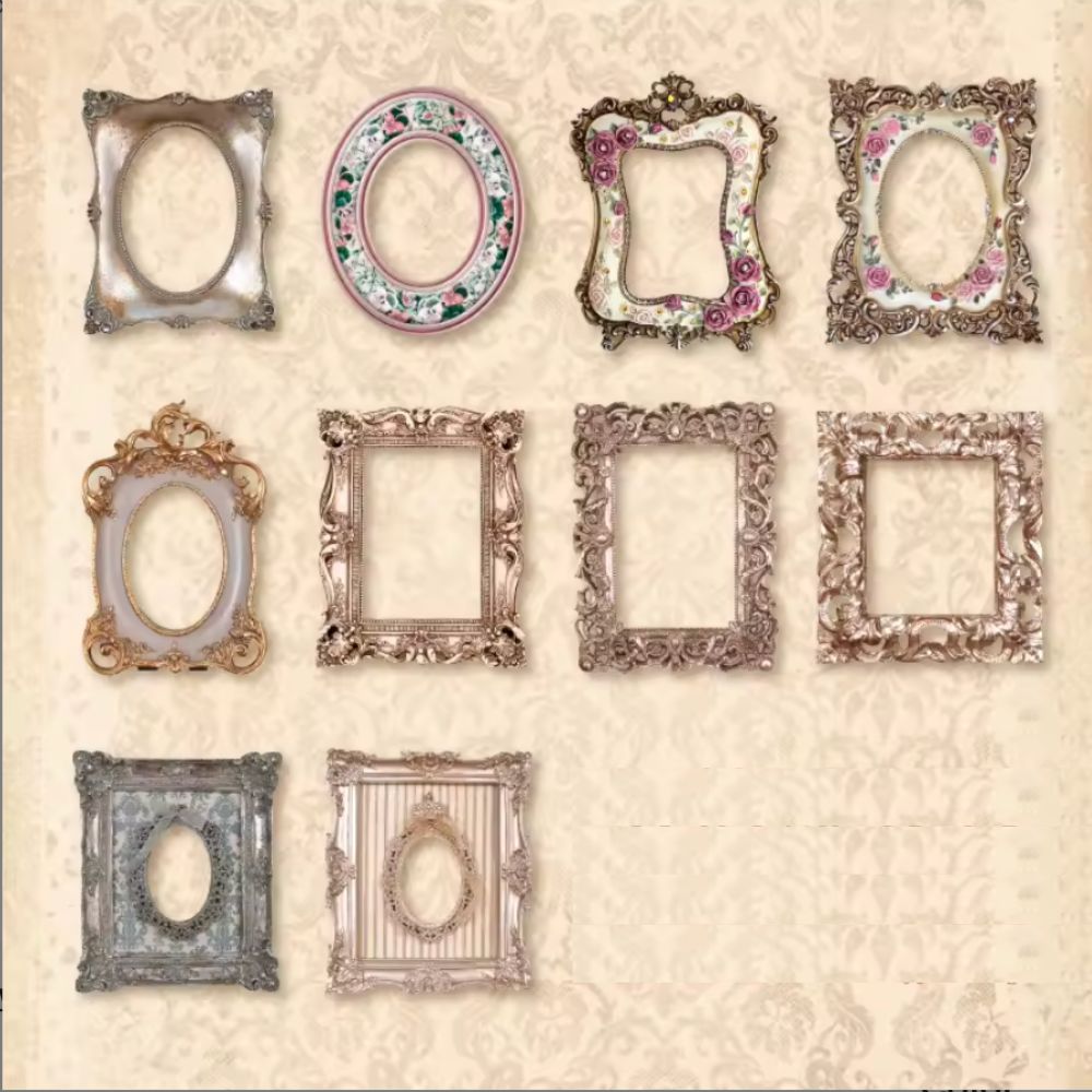 30 die-cut Victorian photo frames, 10 designs, silver and rose-gold with floral accents, fits 4x4in photos