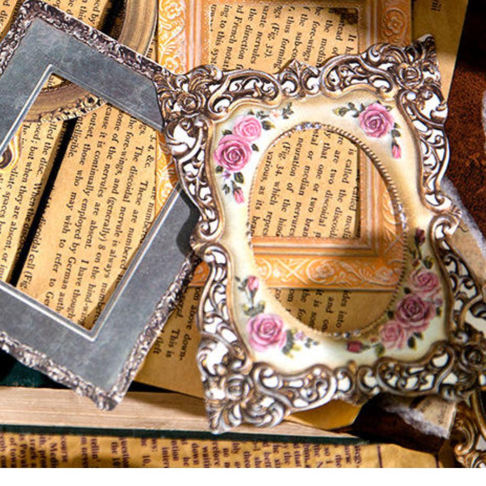 Vintage die-cut photo frame pack — 10 Victorian frame designs in silver, champagne, and rose-gold for journaling