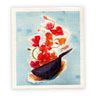 Swedish dishcloth with red and orange flowers blooming from a wok