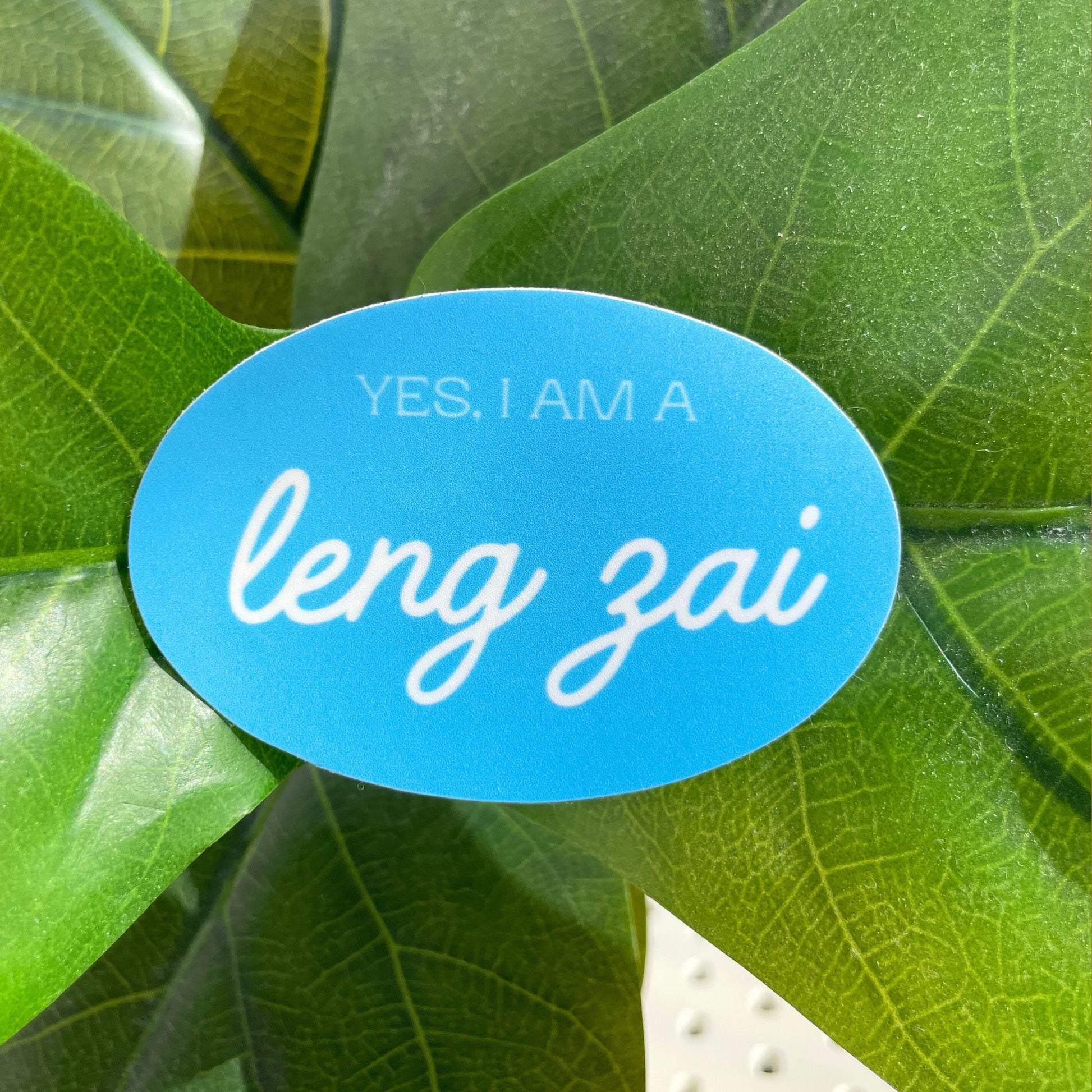 A light blue sticker with the phrase "Yes, I am a leng zai" written on it.