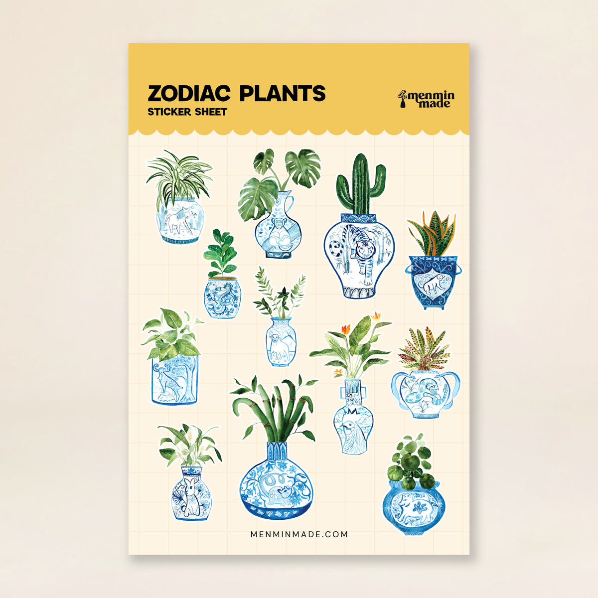 Zodiac Plants sticker sheet with 12 Chinese zodiac animals on blue-and-white plant vases by Menmin Made