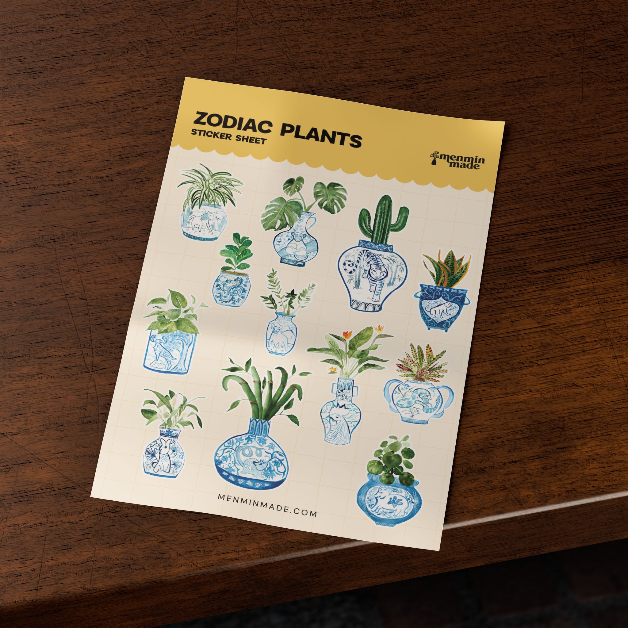 Zodiac Plants sticker sheet on a wooden table
