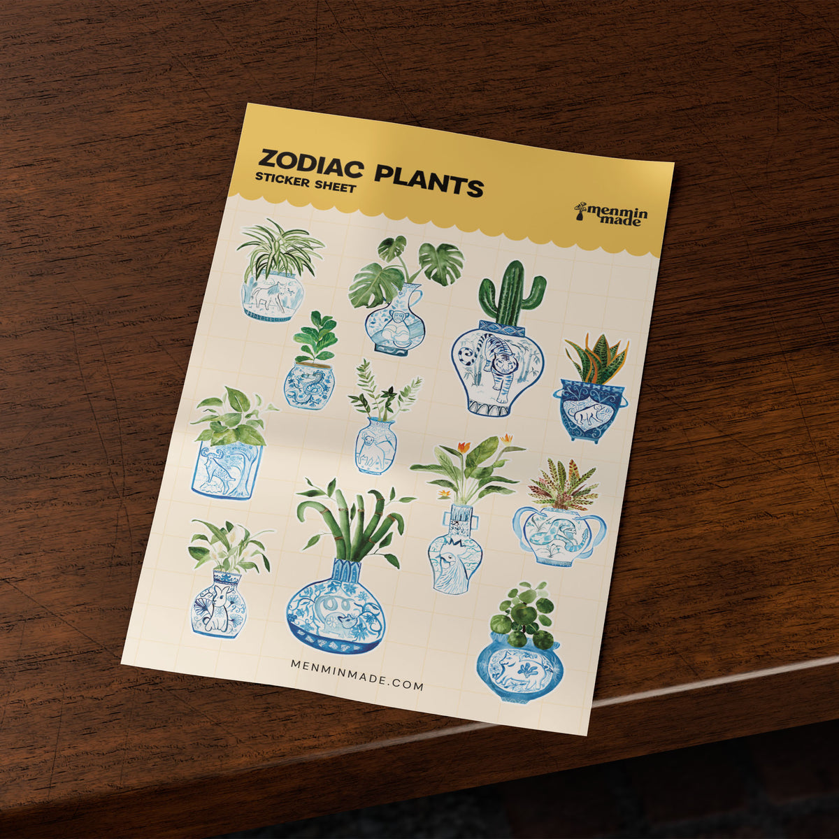 Zodiac Plants sticker sheet on a wooden table