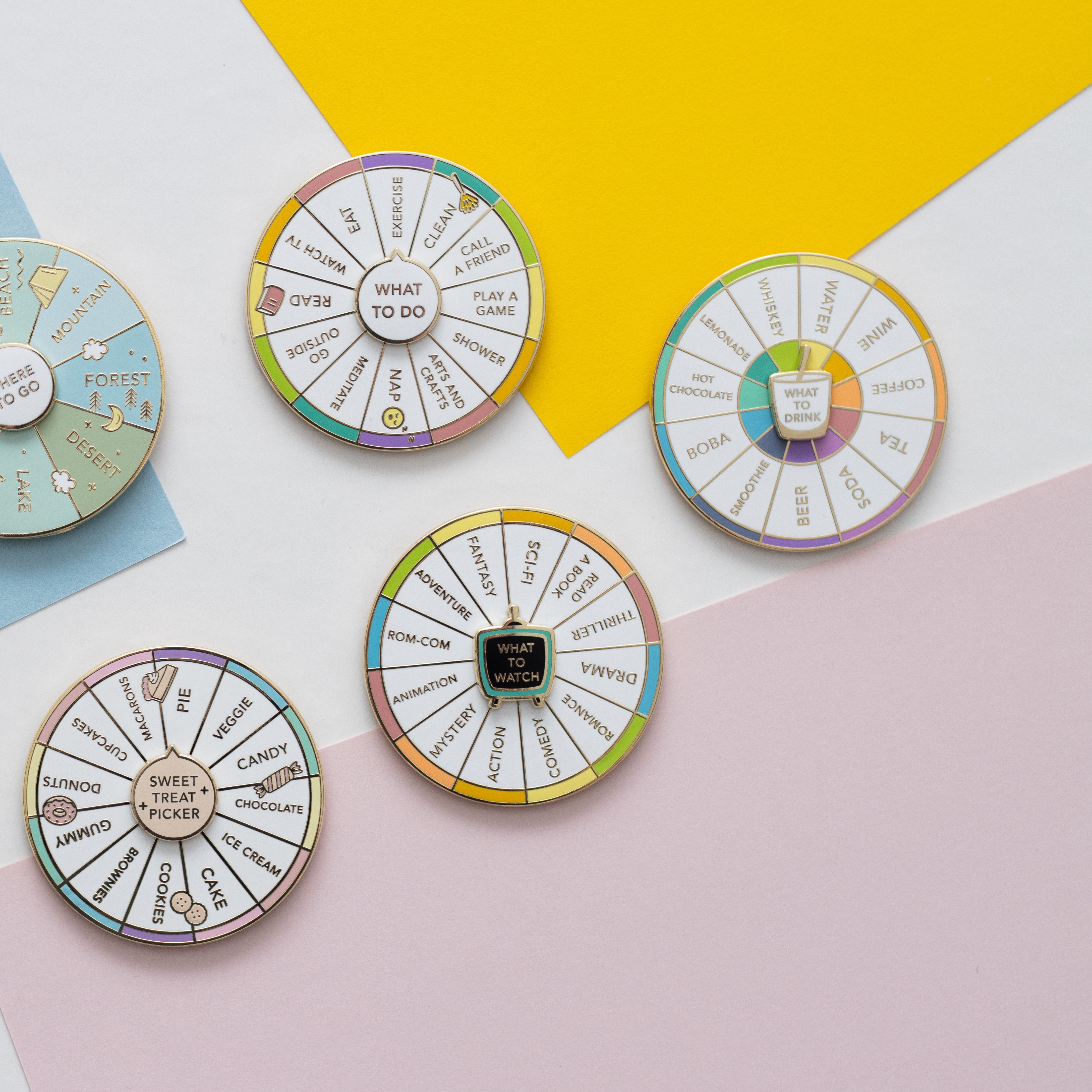 What To Do spinning enamel pin worn on a jacket