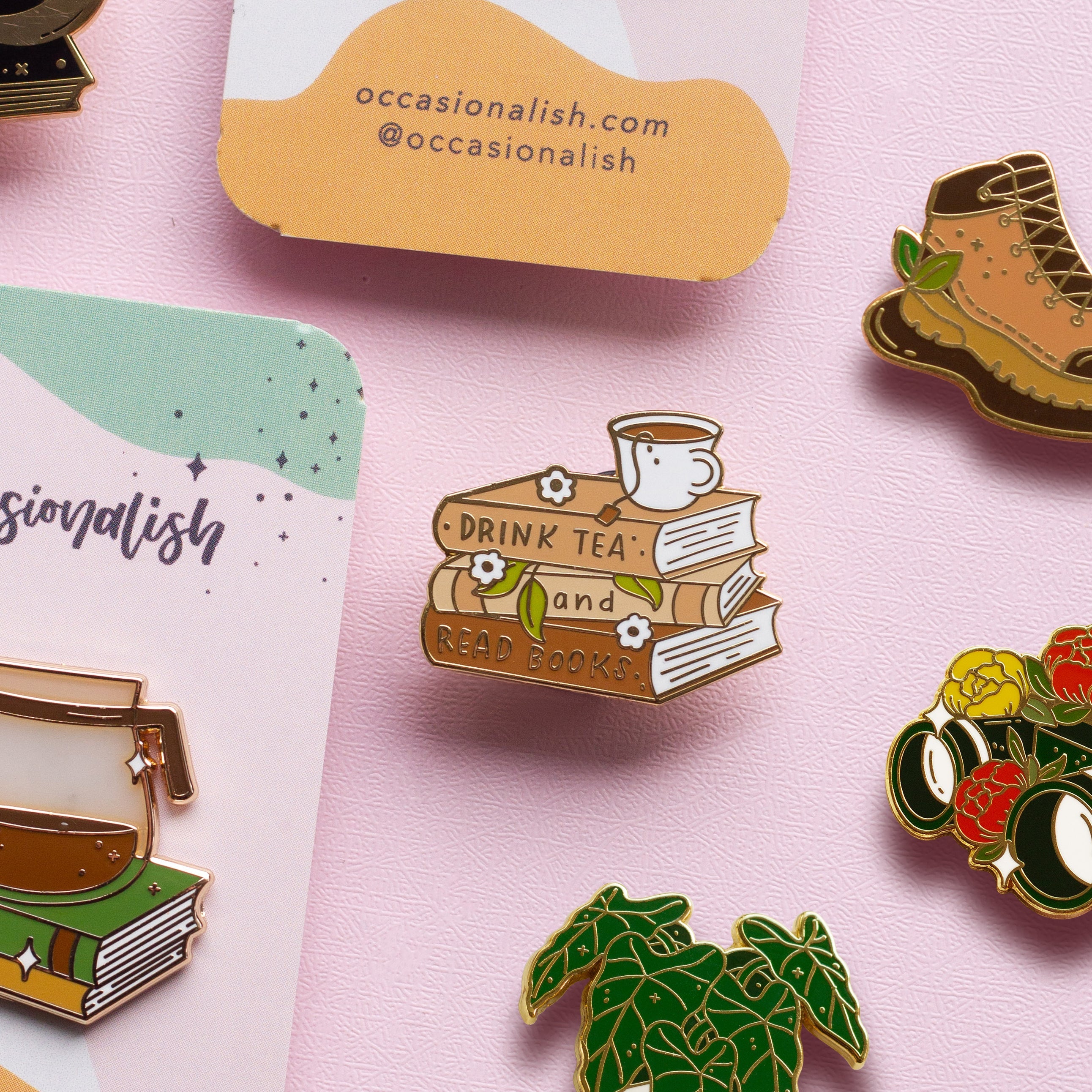 Tea and Books enamel pin close up