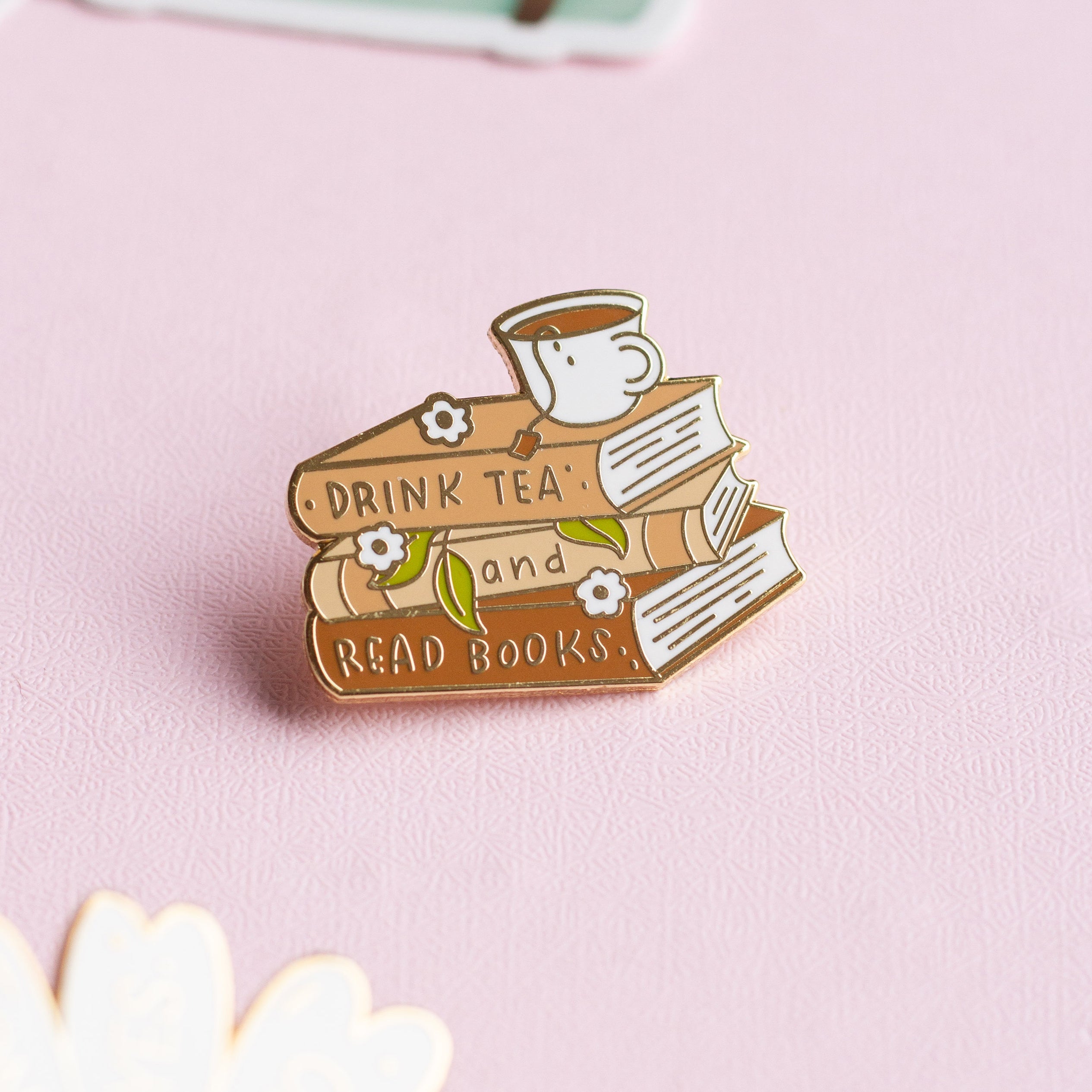 Tea and Books enamel pin detail